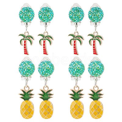 4 Pairs 2 Style Coconut Tree & Pineapple Enamel Dangle Clip-on Earring EJEW-AR0001-08-1