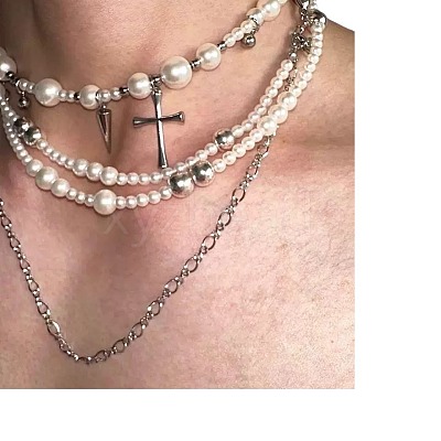 Cross Stainless Steel & Plastic Imitation Pearl Pendant Multi Layered Necklaces for Women FS-WGBBA27-01-1