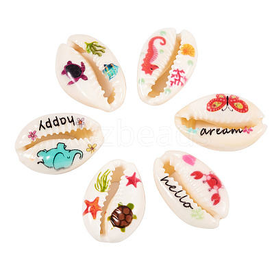60Pcs 6 Style Printed Natural Cowrie Shell Beads SSHEL-CW0001-1
