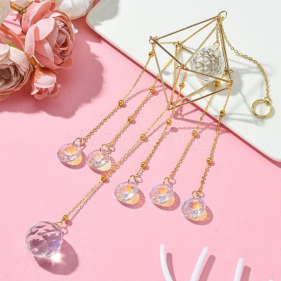 Glass Round Ball with Brass Chains Hanging Pendant Decorations HJEW-JM01298-1