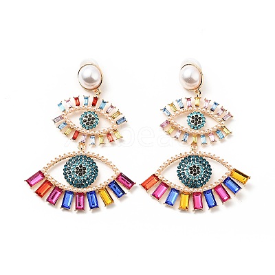 Rhinestone Double Evil Eye Dangle Stud Earrings with Acrylic Pearl Beaded EJEW-J045-03A-KCG-1