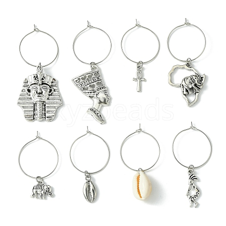 8 Pcs Tibetan Style Alloy & Cowrie Shell Wine Glass Charm AJEW-JO00247-1