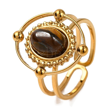 Oval Natural Tiger Eye Finger Rings RJEW-Q822-30G-03-1