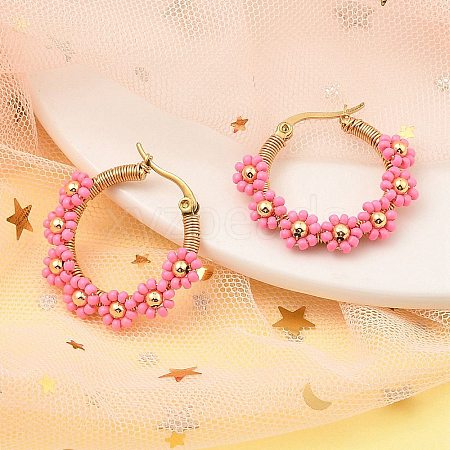 304 Stainless Steel & Bohemian Beaded Flower Hoop Earrings for Women EJEW-R001-02G-03-1