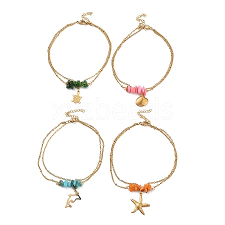 Dyed Natural Shell Chips Charms Anklet AJEW-G049-01G-1