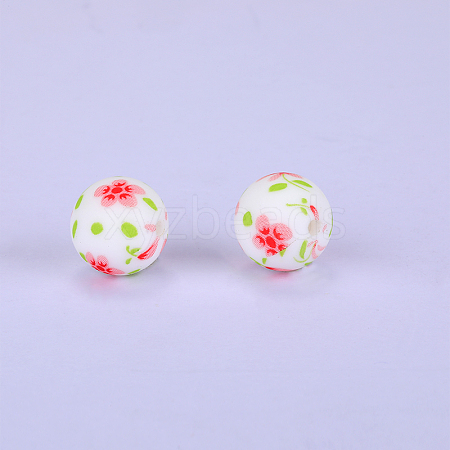 Printed Round with Flower Pattern Silicone Focal Beads SI-JX0056A-169-1