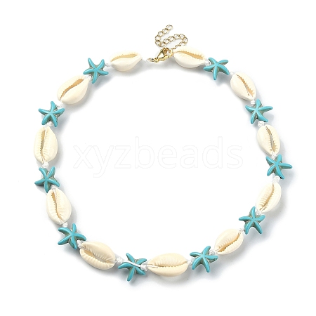 Natural Shell & Synthetic Turquoise Starfish Beaded Necklace with 304 Stainless Steel Clasps NJEW-TA00107-01-1