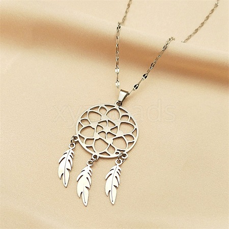 Non-Tarnish Woven Net/Web with Feather 304 Stainless Steel Boho Pendant Necklaces for Women NJEW-G087-07P-1