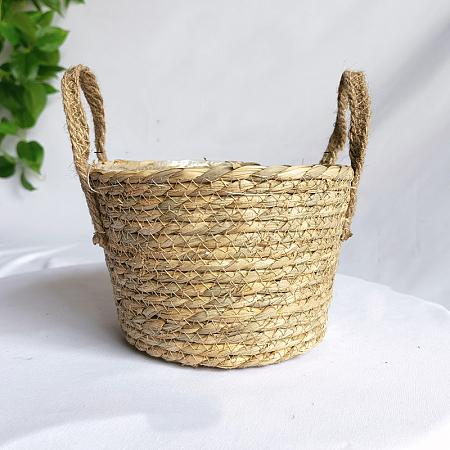 Round Cattail Straw Braided Basket with Handles HULI-PW0002-071B-1