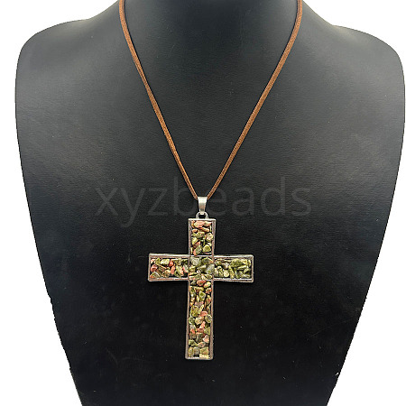 Eco-friendly Zinc Alloy & Natural Chip Unakite Handmade Cross Pendant Cord Necklaces for Women Men RL5831-2-1