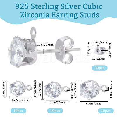 30Pcs 3 Styles Clear Cubic Zirconia Stud Earring Findings EJEW-BBC0001-28-1