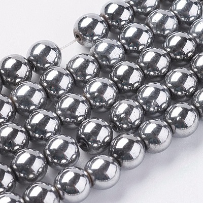 Silver Plated Magnetic Synthetic Hematite Round Beads Strands X-G-H1098-1-1