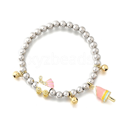 Brass Enamel Round Beads Charm Bracelets for Women BJEW-D317-11A-PG-1