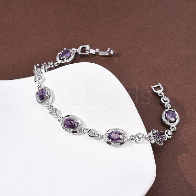 Oval Brass Micro Pave Cubic Zirconia Link Chain Bracelets for Women BJEW-D387-04P-1
