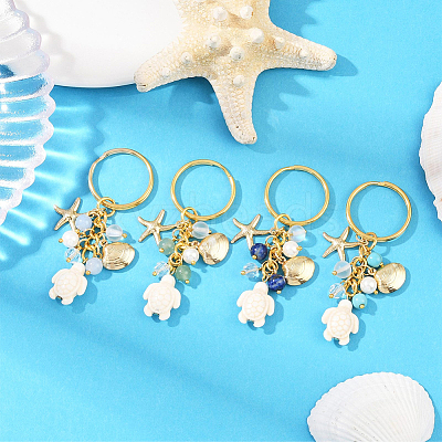 4Pcs 4 Colors Ocean Series Natural White Jade & Lapis Lazuli & Green Aventurine & Synthetic Turquoise & 304 Stainless Steel Starfish Shell Shape Turtle Keychains KEYC-SP00006-1