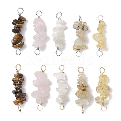 10Pcs 5 Styles Constellation Natural Citrine & Gold Rutilated Quartz & Tiger Eye & Citrine & White Moonstone Copper Wire Wrapped Chip Beaded Connector Charms PALLOY-JF02905-07-1