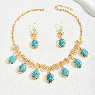 Middle Eastern Synthetic Turquoise & Alloy Oval Pendant Necklace & Earrings Sets for Wedding AL5666-1
