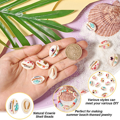 60Pcs 6 Style Printed Natural Cowrie Shell Beads SSHEL-CW0001-1