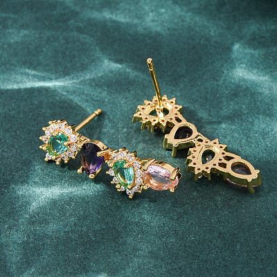 Brass Micro Pave Colorful Cubic Zirconia Stud Earrings for Women EJEW-F418-10G-1