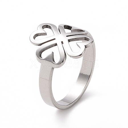 Non-Tarnish 201 Stainless Steel Heart Clover Finger Ring RJEW-J051-01P-1