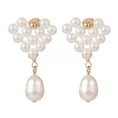 Shell Pearl Heart with Long Tassel Dangle Stud Earrings EJEW-TA00123-1