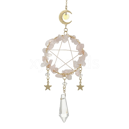 Wire Wrapped Natural Rose Quartz Chips & Brass Ring Pendant Decoration HJEW-TA00083-03-1