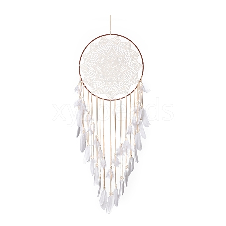 Handmade Round Cotton Woven Net/Web with Feather Wall Hanging Decoration HJEW-G015-02B-1