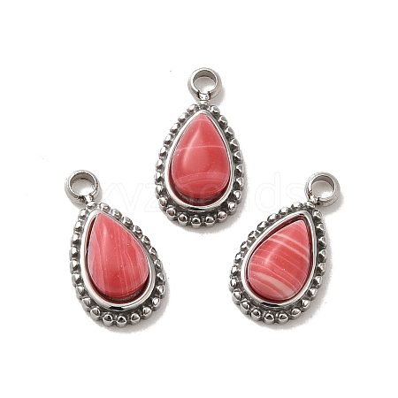 304 Stainless Steel Pave Natural Rhodochrosite Teardrop Charms STAS-B074-04P-01-1