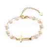 201 Stainless Steel Cross Link Bracelet with Natural Pearl Beaded Chains for Women X-BJEW-JB08543-1