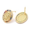 Rack Plating Brass Oval with Virgin Mary Stud Earrings with Colorful Cubic Zirconia EJEW-A103-04G-2