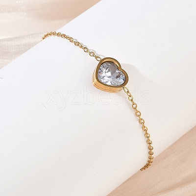 304 Stainless Steel Pave Clear Cubic Zirconia Heart Link Bracelets SA-CBA5F76-05G-1