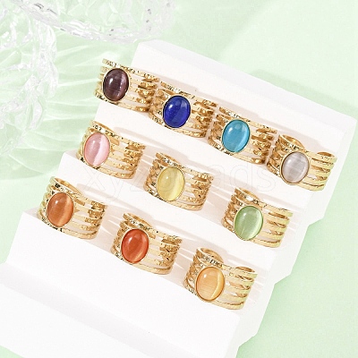 304 Stainless Steel with Glass Cat Eye Cuff Rings for Women RJEW-K309-40F-1
