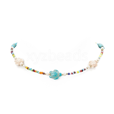 Tortoise Dyed Synthetic Turquoise & Shell Pearl & Glass Seed Beaded Necklace NJEW-TA00054-1