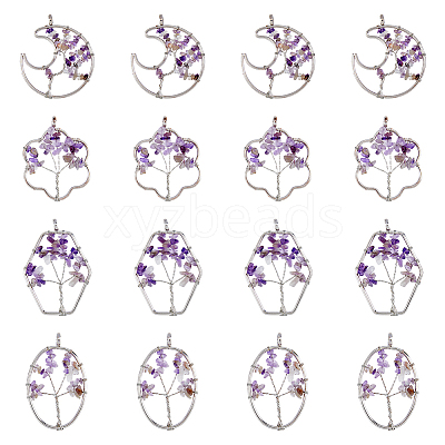 8Pcs 4 Styles Flower & Moon & Oval & Hexagon Natural Amethyst Copper Wire Wrapped Chip Big Pendants G-DC0001-26-1