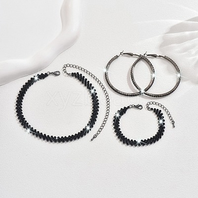 Alloy with Jet Rhinestone Chain Necklace & Hoop Earring & Bracelet FS-WG9D127-02-1