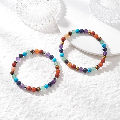 2Pcs Chakra Natural Mixed Gemstone Beads Stretch Bracelets for Women BJEW-JB12607-1