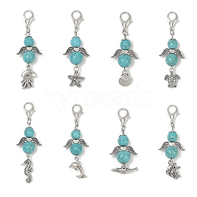 Angel Synthetic Turquoise Beads & Alloy Sea Animal Pendant Decorations HJEW-JM03074-1