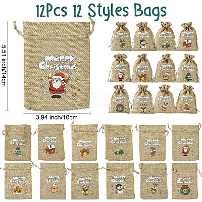 12Pcs 12 Styles Christmas Printed Burlap Packing Pouches Drawstring Bags ABAG-FS0001-03A-1