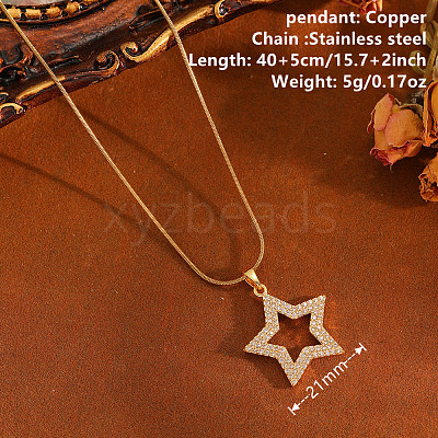 Brass Micro Pave Clear Cubic Zirconia Star Pendant 304 Stainless Steel Round Snake Chain Necklaces for Women WGB07B9-01-1