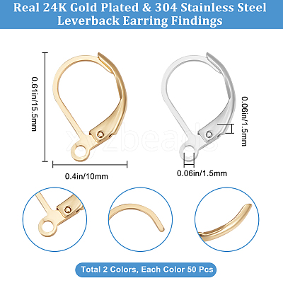 100Pcs 2 Style 304 Stainless Steel Leverback Earring Findings STAS-BBC0002-57-1