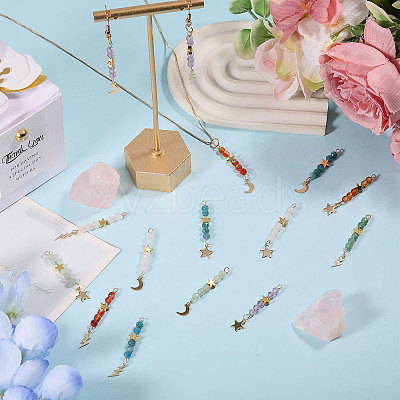 15Pcs 5 Colors Natural Carnelian & Green Aventurine & Rose Quartz & Amethyst & Apatite Faceted Round Beaded Pendants PALLOY-CA00041-1