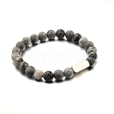 Natural Map Stone Round Beaded Stretch Bracelet PW-WG80752-03-1