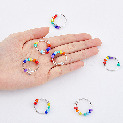 10Pcs 2 Style Rainbow Color Glass Beaded Rotating Open Cuff Rings Set RJEW-DC0001-15-1