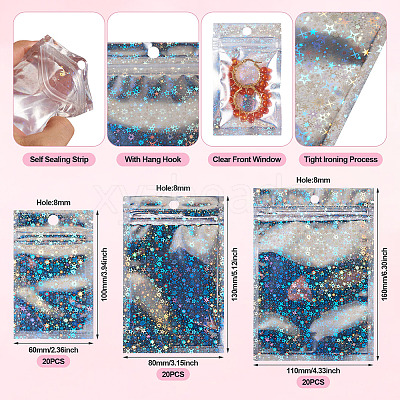 60Pcs 3 Styles Laser Plastic Resealable Bags ABAG-TA0001-56A-1