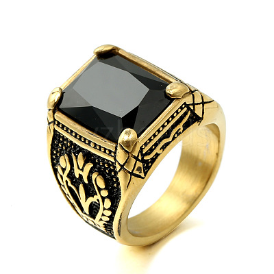 316L Stainless Steel & Cubic Zirconia Men's Vintage Carved Finger Rings FS-WG82D33-46-1