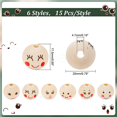 90Pcs 6 Styles Printed Wood European Beads WOOD-PH0002-89-1