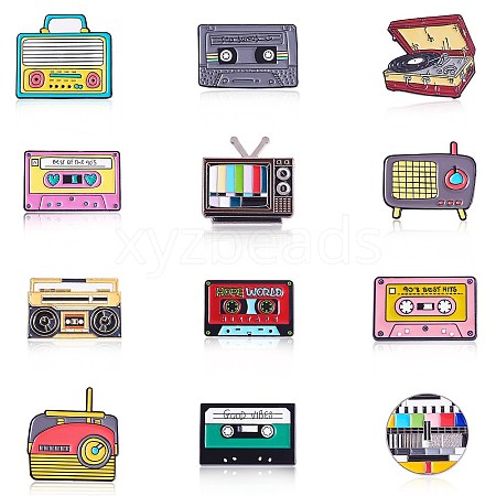12Pcs 12 Style Record Player & Radio & TV & Cassette Enamel Pins JEWB-SZ0001-89-1