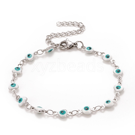 Enamel Heart with Evil Eye Link Chains Bracelet BJEW-P271-06P-01-1