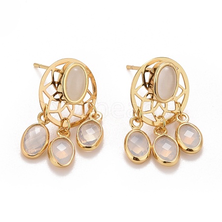 Rack Plating Brass Woven Net Dangle Stud Earrings with Oval Glass for Women EJEW-I265-09G-1