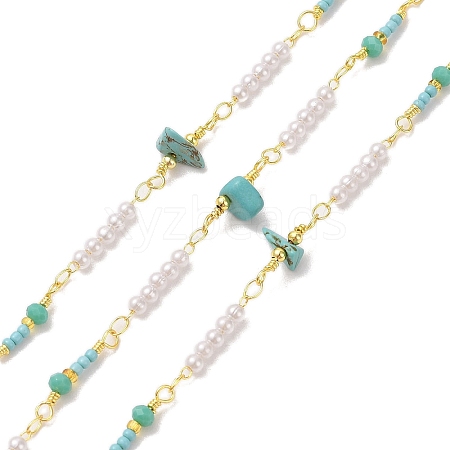 Brass & Synthetic Turquoise & Plastic Beads Link Chain CHC-A009-03G-1